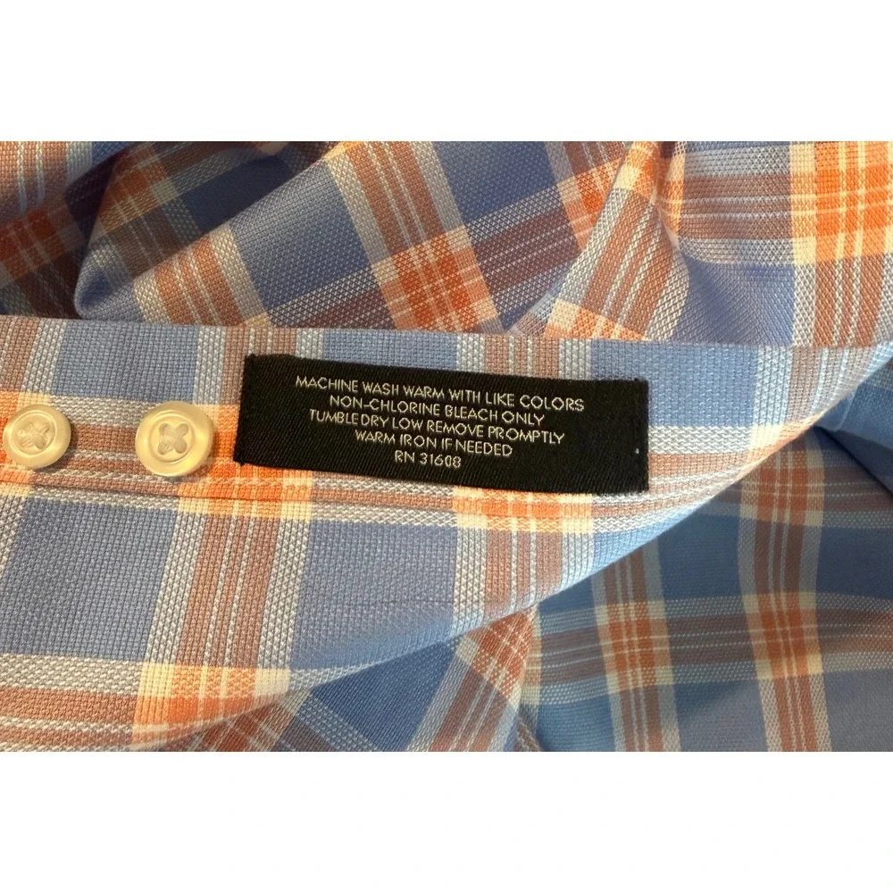 Jos. A. Bank Men L Button Down Shirt Blue Orange Plaid Wrinkle Free Tailored Fit
